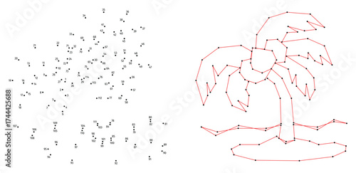 Small island with a palm tree. Connect the dots educational drawing game. Dot to dot by numbers puzzle. Google Font Fira Sans Condensed.