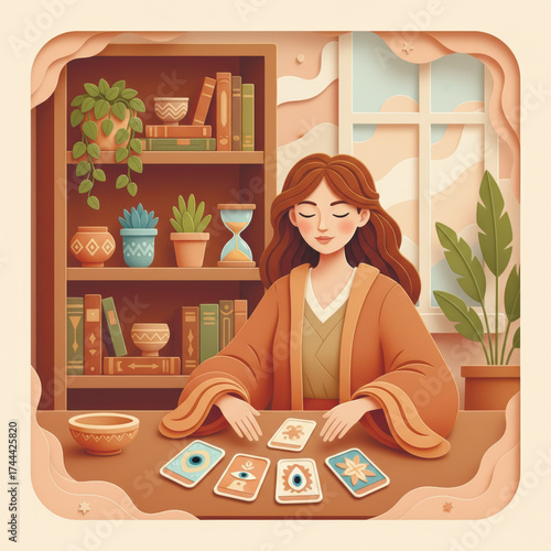 Calm woman reading tarot cards in cozy bohemian room with books and plants. Spirituality, intuition, and mindfulness concept in soft pastel tones. Vector illustration