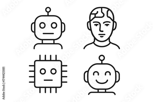 Minimalist robot and human brain circuit line art icons