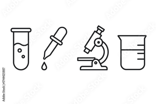 Laboratory equipment icons: test tube, pipette, microscope, beaker