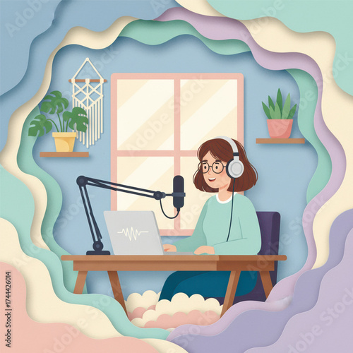 Young woman with headphones recording podcast at home studio. Cozy pastel paper cut illustration symbolizing creativity, media, and communication. Vector illustration