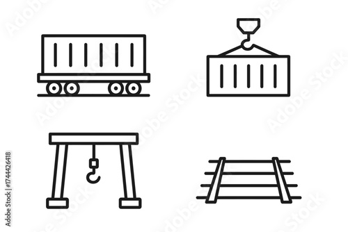 Minimalist rail transport icons: train, container, crane, and tracks in black and white