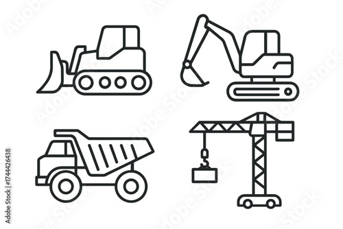 Outline illustrations of construction vehicles: bulldozer, excavator, dump truck, crane