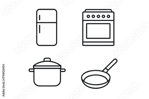 Kitchen appliance icons: refrigerator, oven, pot, frying pan in minimalist black line art