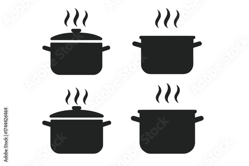 Black silhouette icons of cooking pots with steam