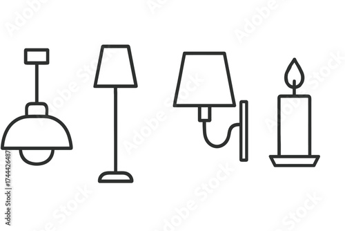 Minimalist line art of home lighting: ceiling, floor, wall lamps, and candle