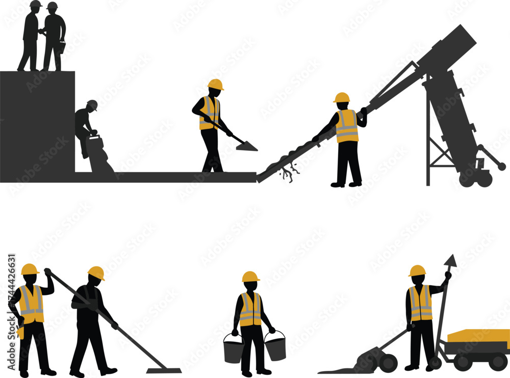 Obraz premium Construction workers, safety gear, industrial site, teamwork, heavy machinery, labor force, silhouettes, job site, concrete work, shovel, compacting, bucket, helmet, vest, equipment, manual labor
