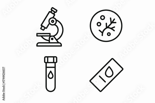Laboratory icons: microscope, petri dish, test tube, slides for scientific research