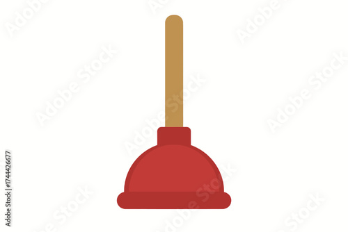 Red toilet plunger with wooden handle on white background
