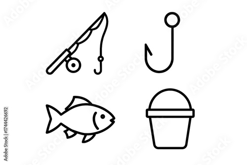 Fishing icons: rod, hook, fish, and bucket line art collection