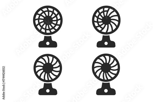 Set of four black silhouette desk fans on white background