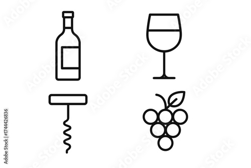 Wine icons: bottle, glass, corkscrew, and grapes in minimalist style