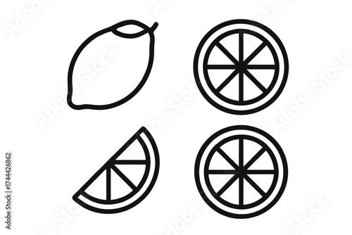Outline of lemon and slices: whole, halves, and quarter views in black and white