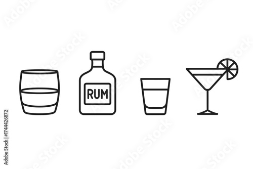 Line art illustration of rum bottle and mixed drinks in various glassware
