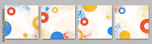 Vector illustration. Abstract vibrant color background set. Cool bright wallpapers with circle shapes, halftone dots, ink paint splashes. Design elements for social media, web banner, blog post