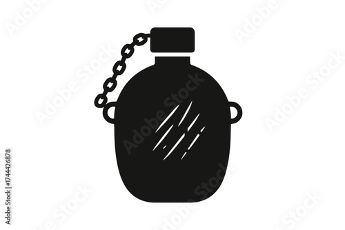 Black silhouette of portable water canteen with chain on white background