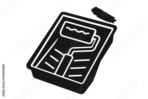Black and white paint roller with tray and swatch minimalist icon design