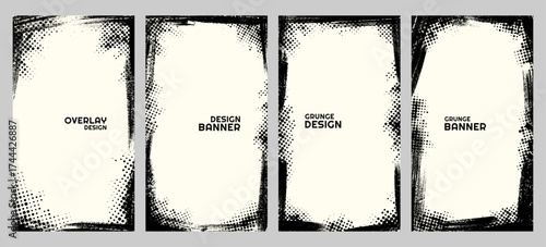 Vector illustration. Grunge overlay frame. Hand drawn abstract border set. Ink brush strokes edge with halftone dotted texture. Retro vintage background collection. Design elements for vertical banner