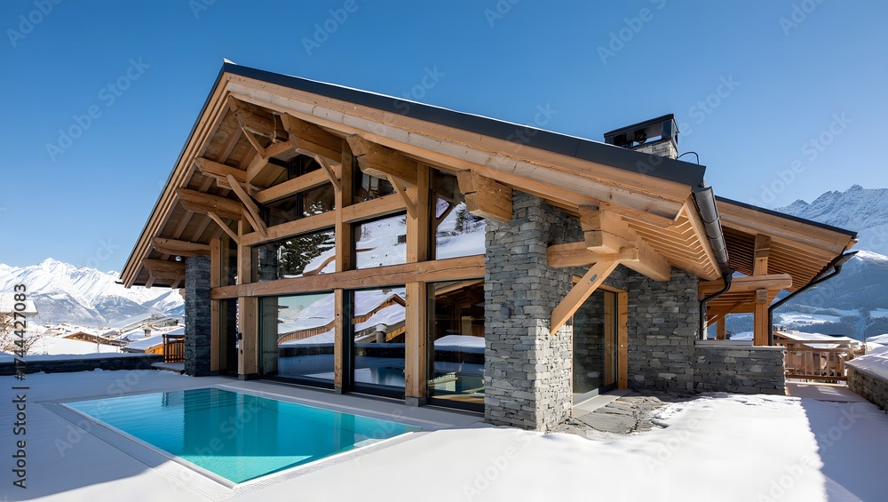 Obraz premium Luxury wooden chalet with swimming pool in snowy mountain landscape