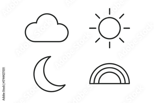 Simple line art symbols: cloud, sun, moon, rainbow on white background