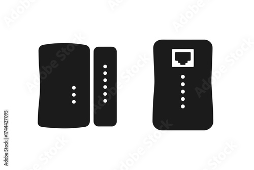 Black silhouettes of network tools and cable tester equipment for ethernet setup