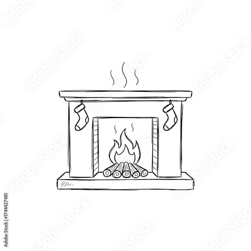 Hand-drawn fireplace with stockings and firewood in minimalist style  