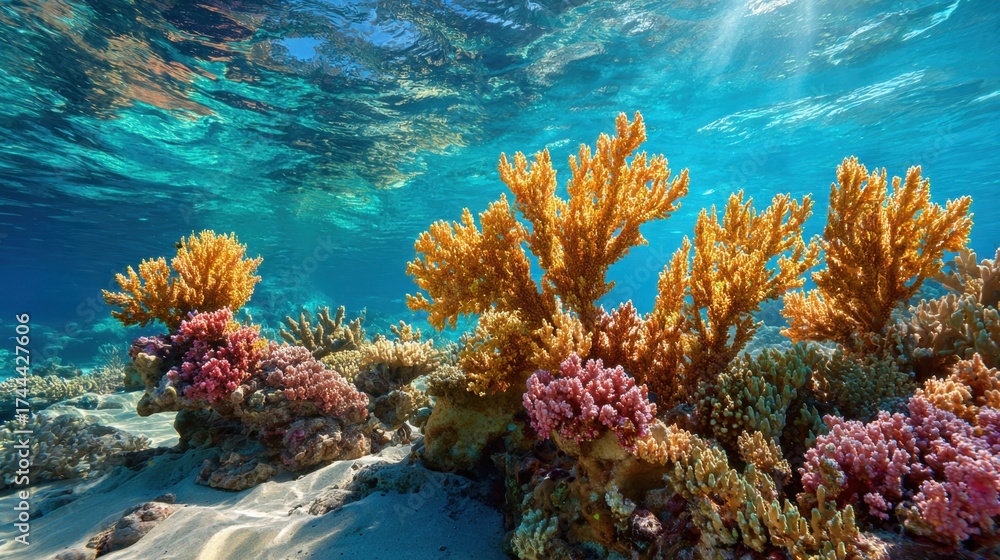 Naklejka premium A beautiful underwater scene with a variety of colorful coral and plants. The water is clear and the sun is shining brightly, creating a serene and peaceful atmosphere