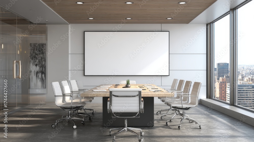 Fototapeta premium A large white board sits in the middle of a conference room with a group of white chairs surrounding it. The room is well-lit and has a modern, professional feel