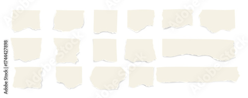 Set of torn and ripped paper sheets with rough edges. Realistic vector collection of white notebook pages and note fragments for design, collage, or scrapbook decoration.