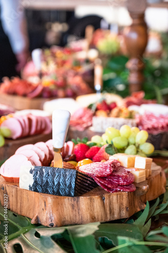 Charcuterie board featuring salami, cheese, grapes, and fruit