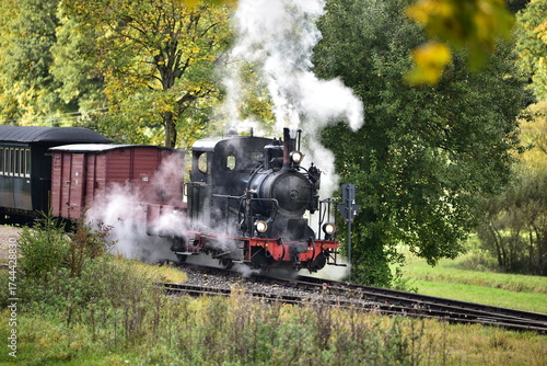 Schmalspur - Museumsbahn auf dem Härtsfeld mit Dampflokomotive, Personenwagen, Triebwagen in herbstlicher Landschaft