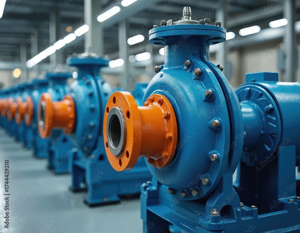 Obraz premium Row of blue industrial pumps with orange accents in large facility. Heavy machinery for fluid transfer in modern factory setting. Powerful pumps essential for water processing, power generation.