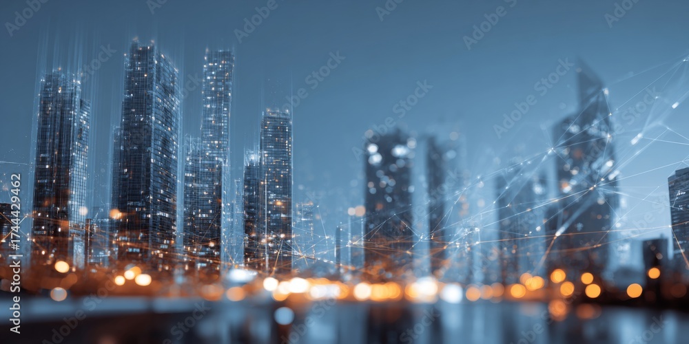 Fototapeta premium Modern cityscape with digital overlay showcasing futuristic buildings and technological advancements in architecture and connectivity