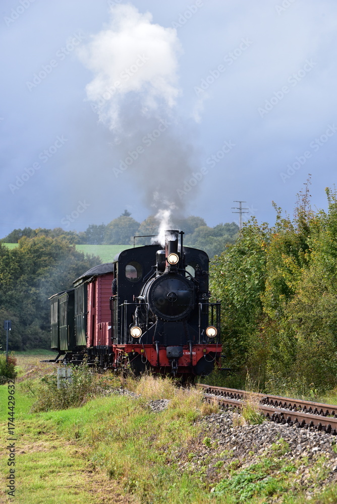 Obraz premium Schmalspur - Museumsbahn auf dem Härtsfeld mit Dampflokomotive, Personenwagen, Triebwagen in herbstlicher Landschaft