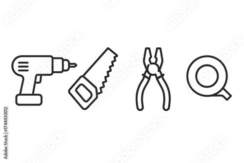 Outline icons of power drill, hand saw, pliers, and tape for diy and home repair