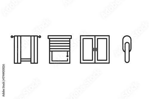 Curtain, blind, window, door handle icons in minimalist black line design
