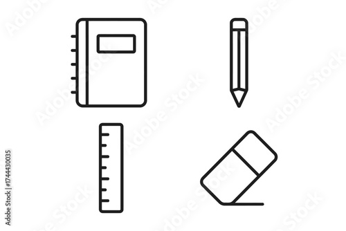 Minimalist office supplies: notebook, pencil, ruler, eraser icons