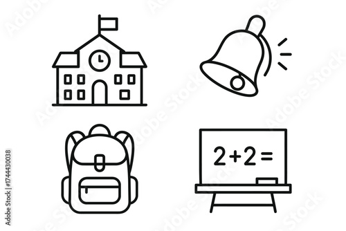 School icons: building, bell, backpack, chalkboard with math equation