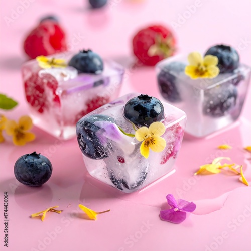 Fresh, colorful ice cubes with berries and edible flowers