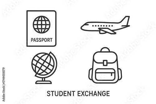 Student exchange essentials: passport, airplane, globe, backpack icons