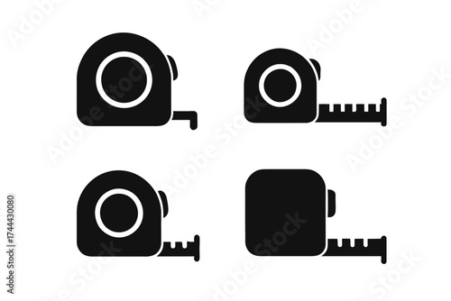 Tape measure icons set in black silhouette design on white background