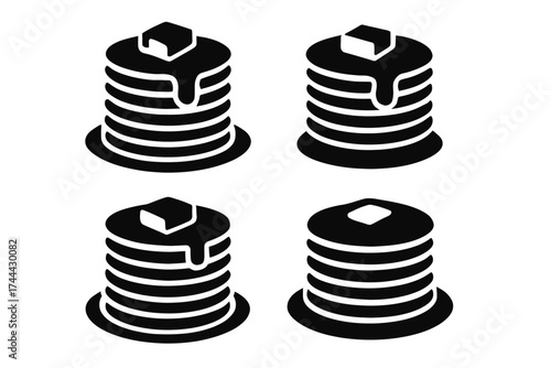 Pancake stack icons with butter and syrup in minimalist black and white design