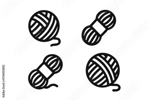 Set of yarn balls and skeins icons in black and white style