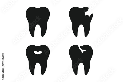 Silhouette of human teeth: healthy, cavities, decay and damage