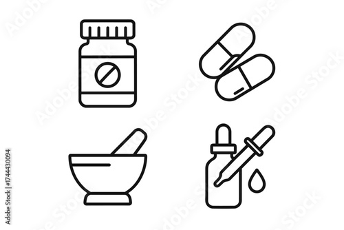 Pharmacy icons: bottle, capsules, mortar, dropper for medical use