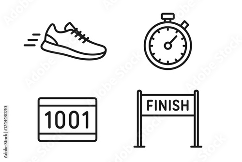 Running race icons: shoe, stopwatch, bib number, finish line