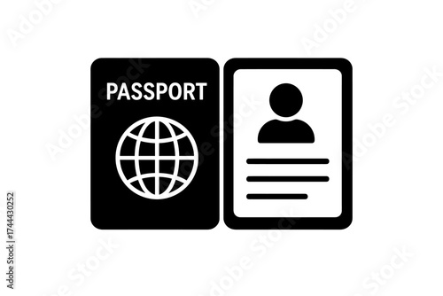 Black and white passport icon with globe and profile silhouette