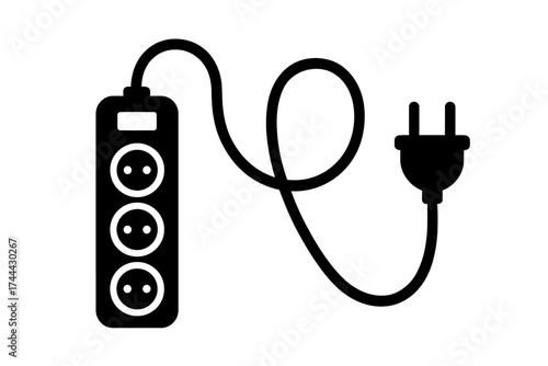 Black silhouette of power strip with plug and three outlets
