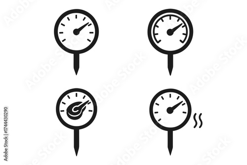 Set of four black thermometers showing varying levels and directions