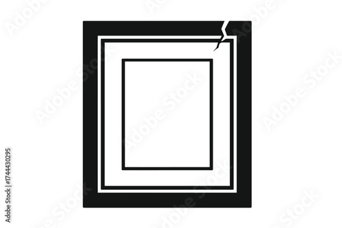 Cracked black picture frame with white interior and minimalist design